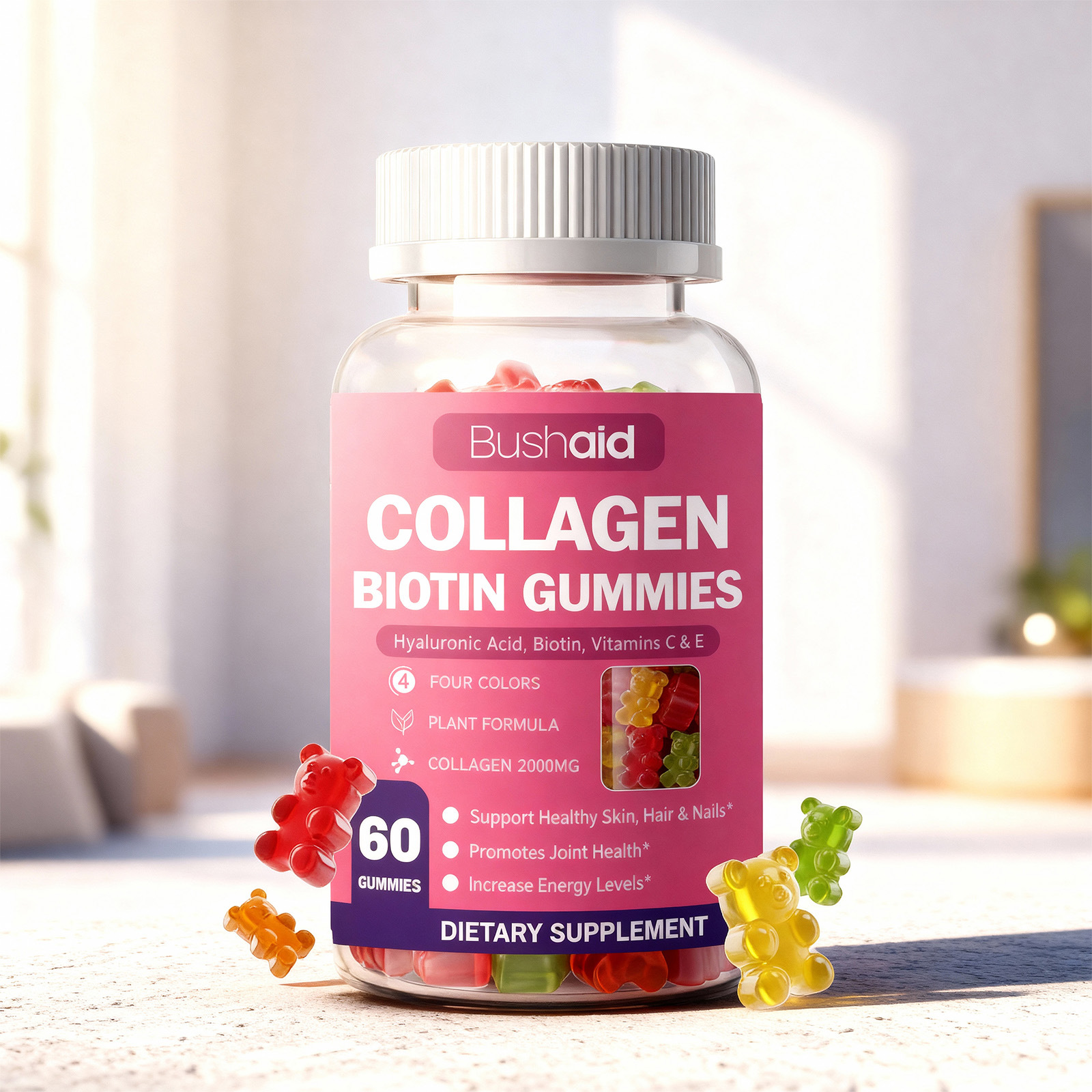 Collagen Biotin Gummies With Hyaluronic Acid & Vitamins C & E 60-count Providing Energy Balanced Nutrition Gummies